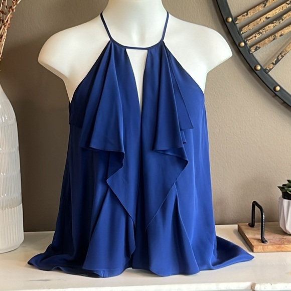 BCBGMAXAZRIA Claudia Blue 100% Silk Cascading Ruffle High Neck Halter Top Small - Picture 2 of 13